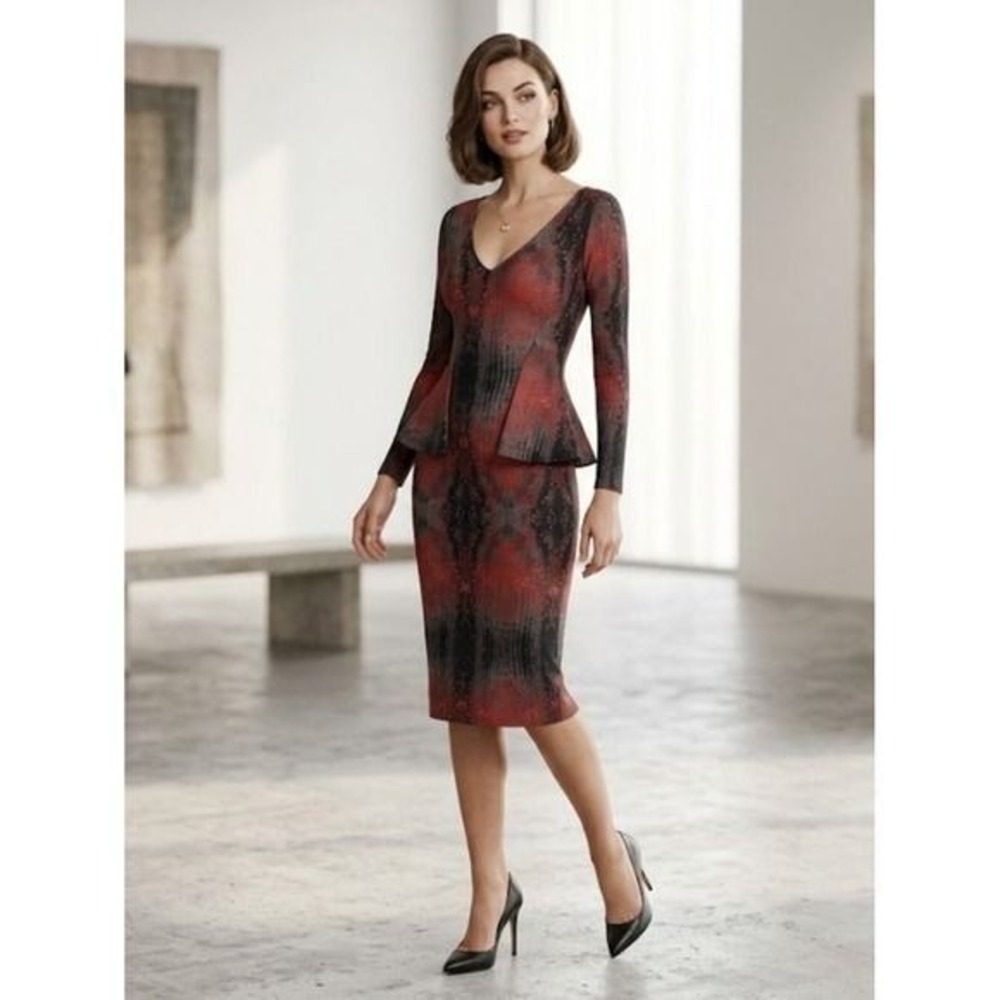 Chiara Boni La Petite Robe Red Grey Abstract Peplum V-Neck Sheath Dress Italy - Picture 12 of 12